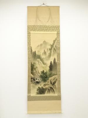 緑水筆　青緑山水　肉筆絹本掛軸（共箱）